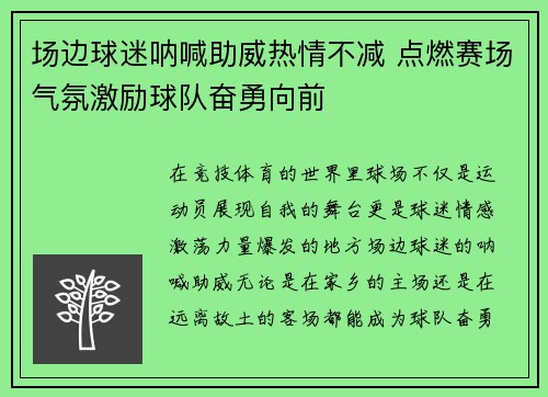 场边球迷呐喊助威热情不减 点燃赛场气氛激励球队奋勇向前