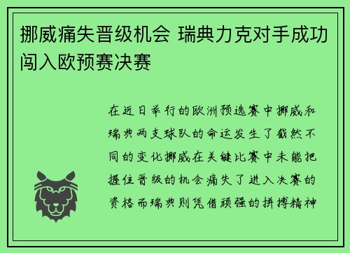 挪威痛失晋级机会 瑞典力克对手成功闯入欧预赛决赛