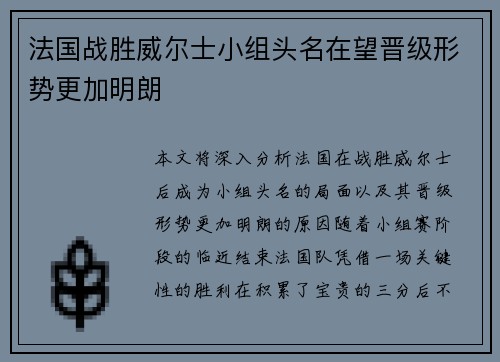 法国战胜威尔士小组头名在望晋级形势更加明朗