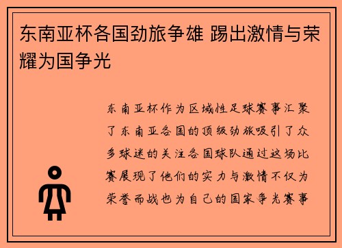 东南亚杯各国劲旅争雄 踢出激情与荣耀为国争光